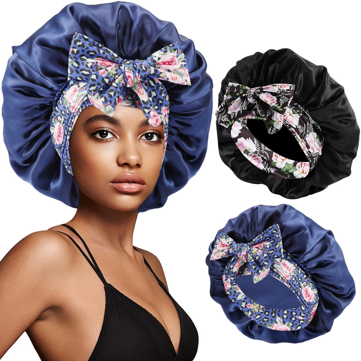 2Pcs Satin Bonnet with Tie Band for Sleeping, Champagne Gold+Black