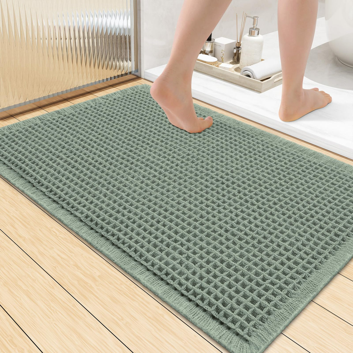 Smiry Waffle Bath Mat 24X16, Soft Absorbent Bathroom Rugs, Brown & Cream