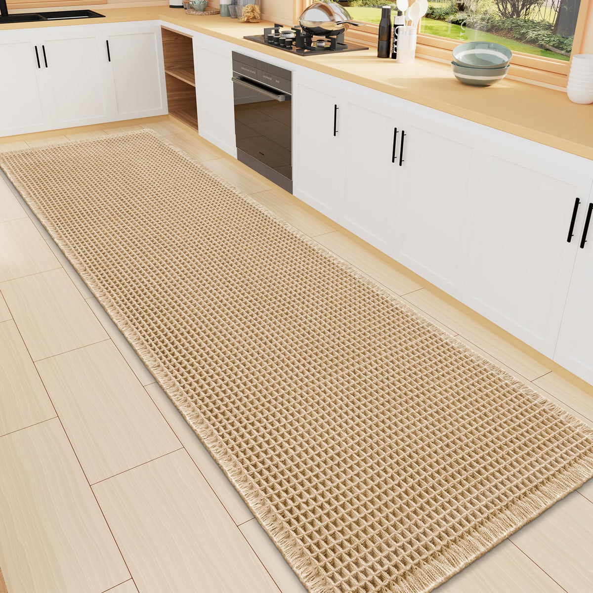 Smiry Waffle Bath Mat 24X16, Soft Absorbent Bathroom Rugs, Brown & Cream