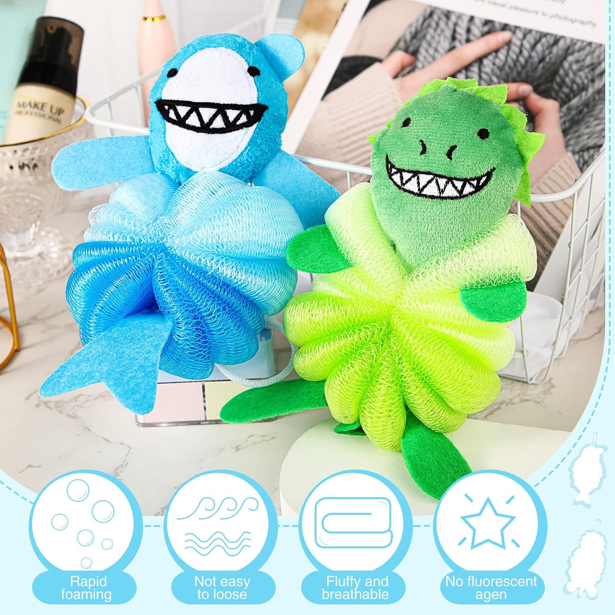 Nuenen 2 Pcs Kids Bath Loofahs, Shark, Monster