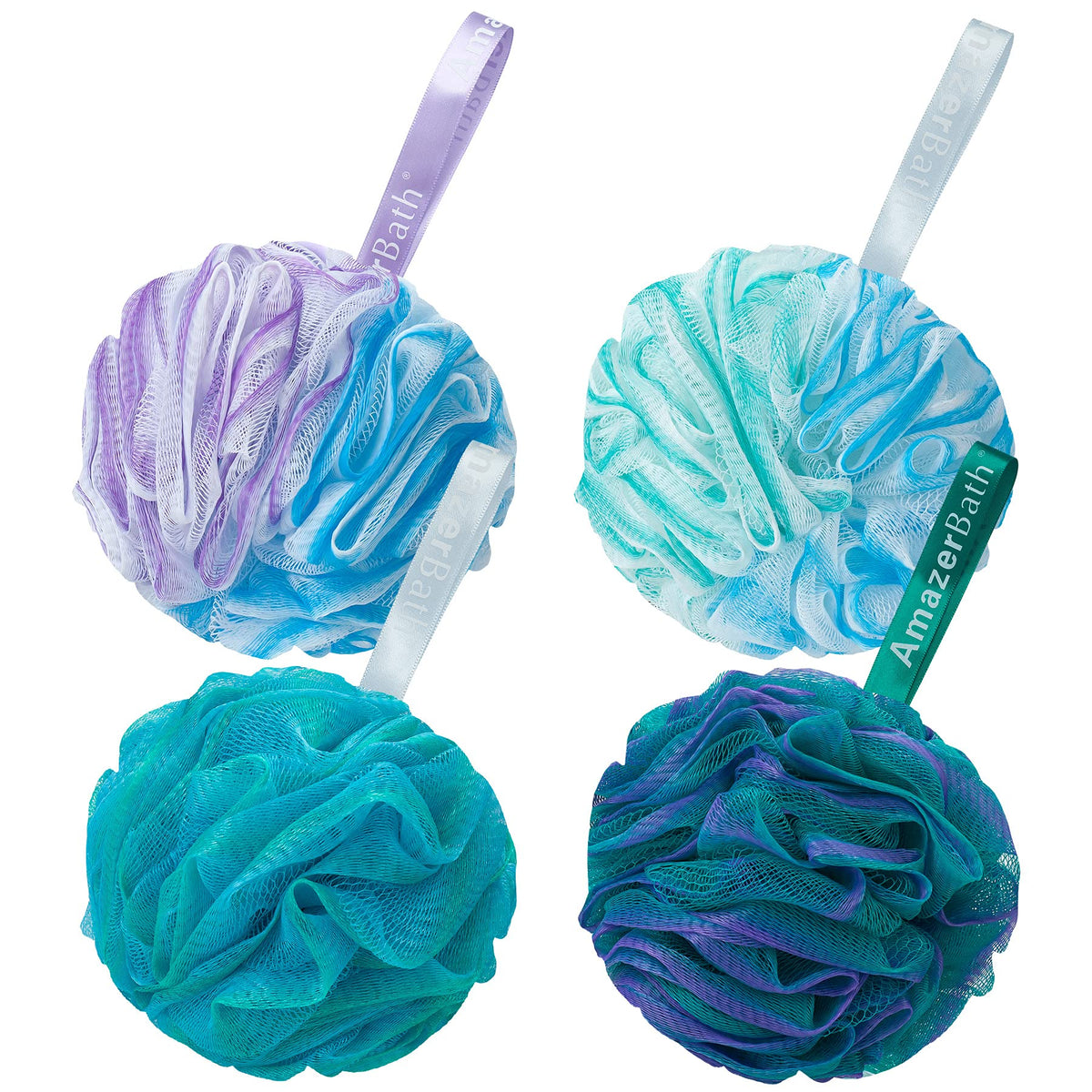 AmazerBath Loofah Sponge 75g/Piece, Exfoliating Bath Sponge Body Scrubber - Loofa Set of 4 Grey Blue-Pink-Grey-White (Large)