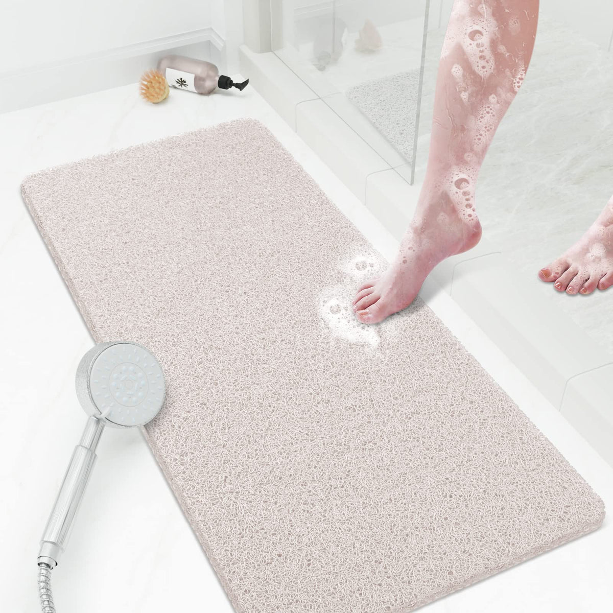 Shower Mat Bathtub Mat Non-Slip,24x16 inch, Soft Tub Mat with Drain,PVC Loofah Bath Mat (Phthalate Free) for Tub and Bathroom,Quick Drying,Black
