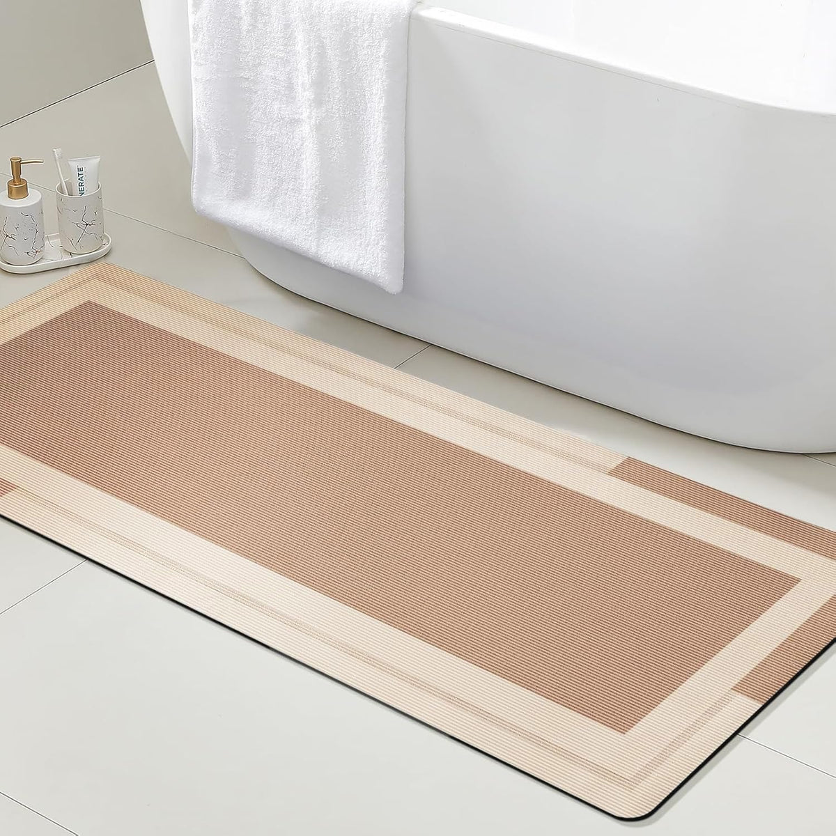 ACCUMTEK Non Slip Bath Mat, Thin Bathroom Rugs Fit Under Door, Quick Dry Bath Mats, Machine Washable Bath Rugs for Bathroom, Bathtub & Kitchen, Grey/Bordered/24 x17