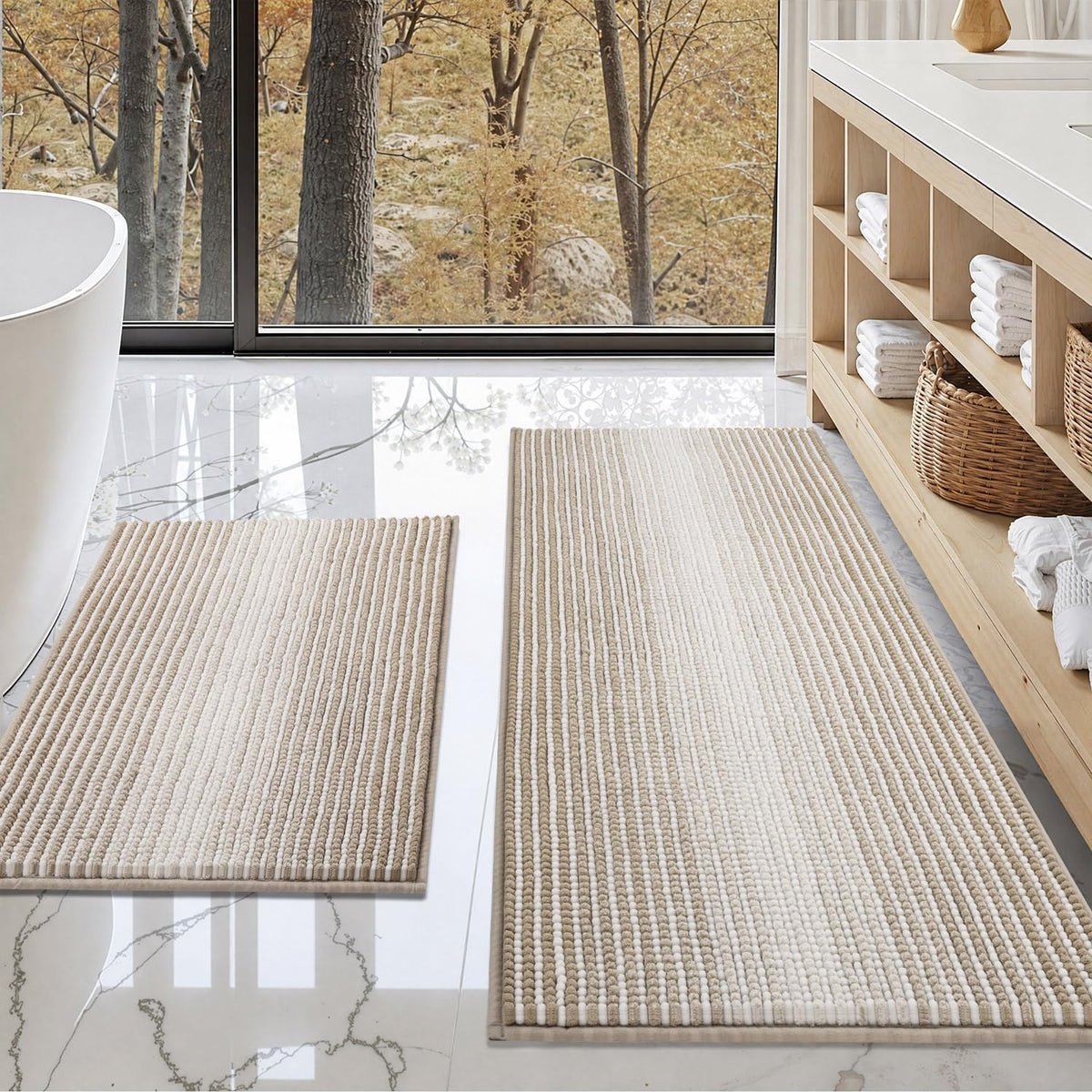 BSICPRO Bathroom Rugs Sets 2 Piece, Non Slip Striped Bath Mats, Fog Blue