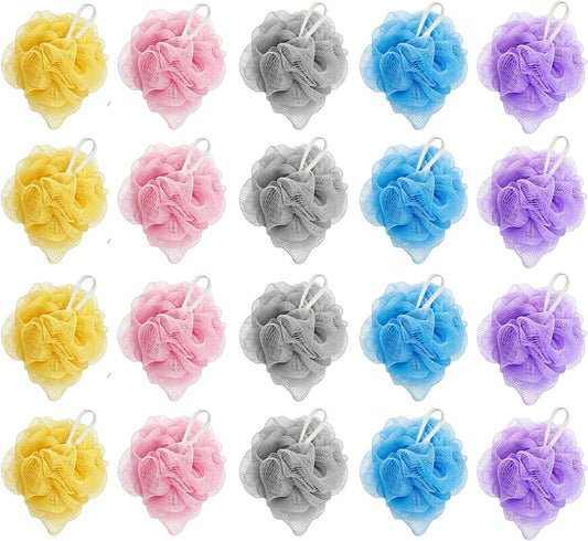 20 Pack Mini Loofah Sponge for Shower, Travel Size Bath Sponges Mesh Shower Puff Bath Pouf with Hanging Loop, Body Scrubber for Kids Women Men