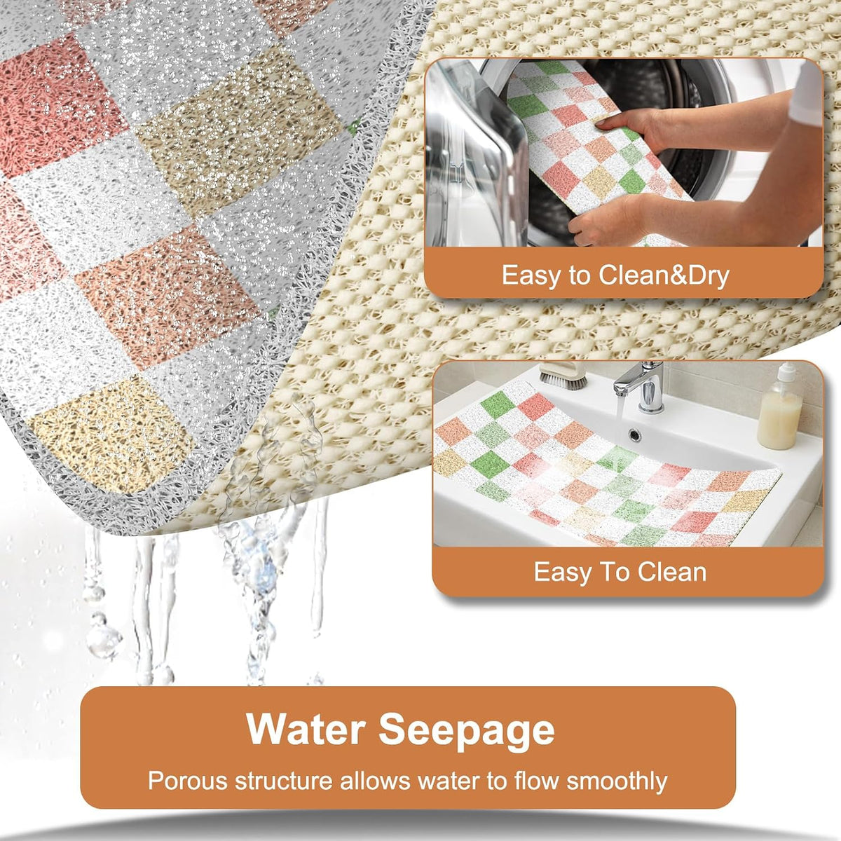 BLESWIN Loofah Mats for Shower 24"x16", PVC Bath Mat for Inside Shower, Bath Mat for Tub Non Slip, Checkered Shower Quick Dry Mats with Drain Hole, Colorful Checkered