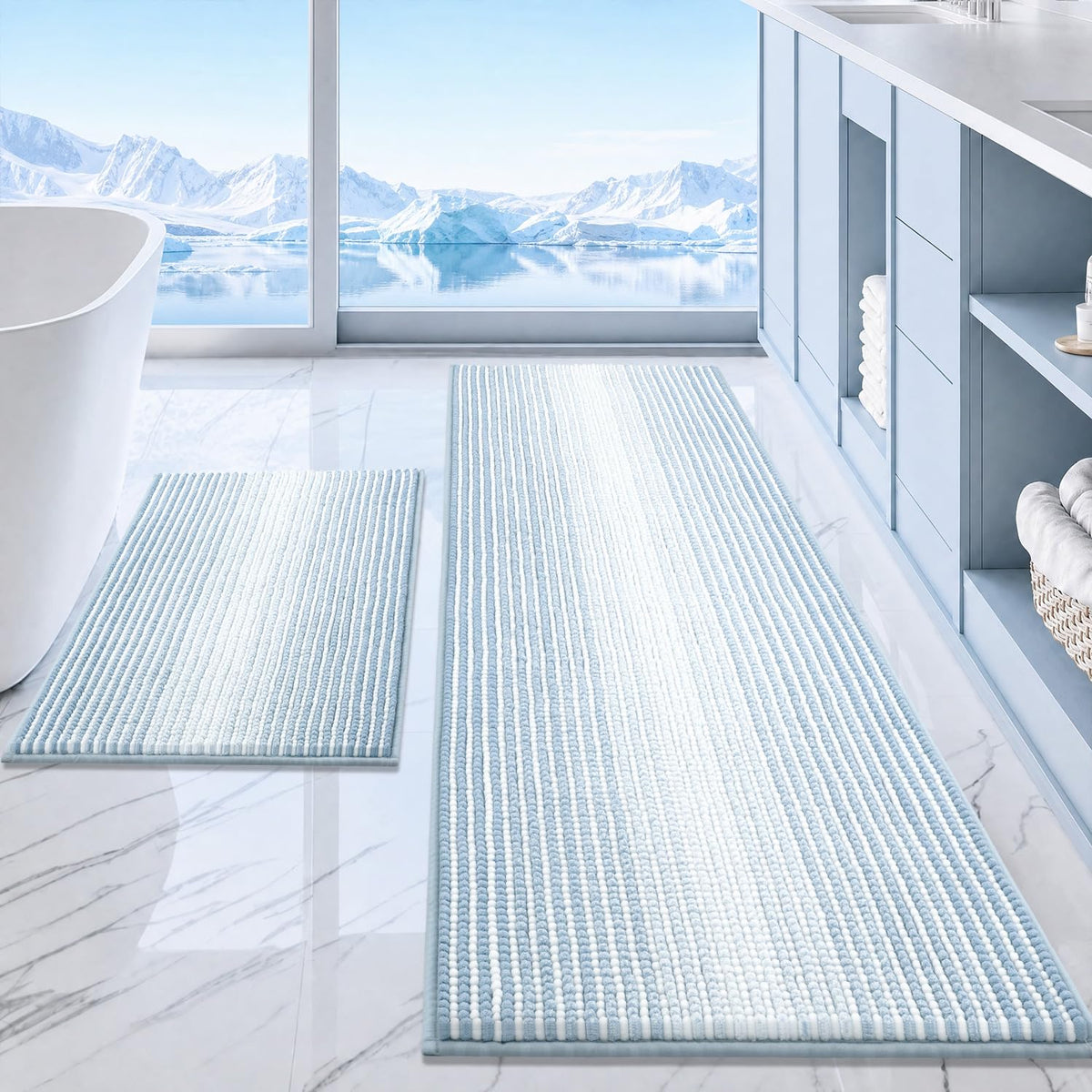BSICPRO Bathroom Rugs Sets 2 Piece, Non Slip Striped Bath Mats, Fog Blue