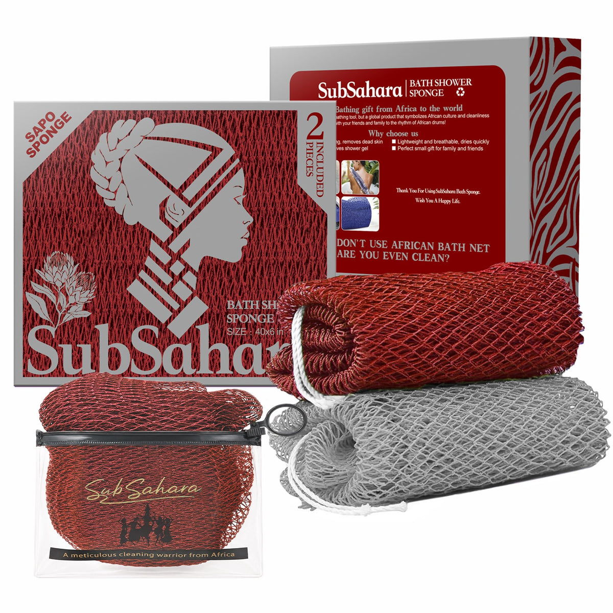 SubSahara African Net Sponge, 2 Pack 45-Inch Exfoliating Bath Scrubber