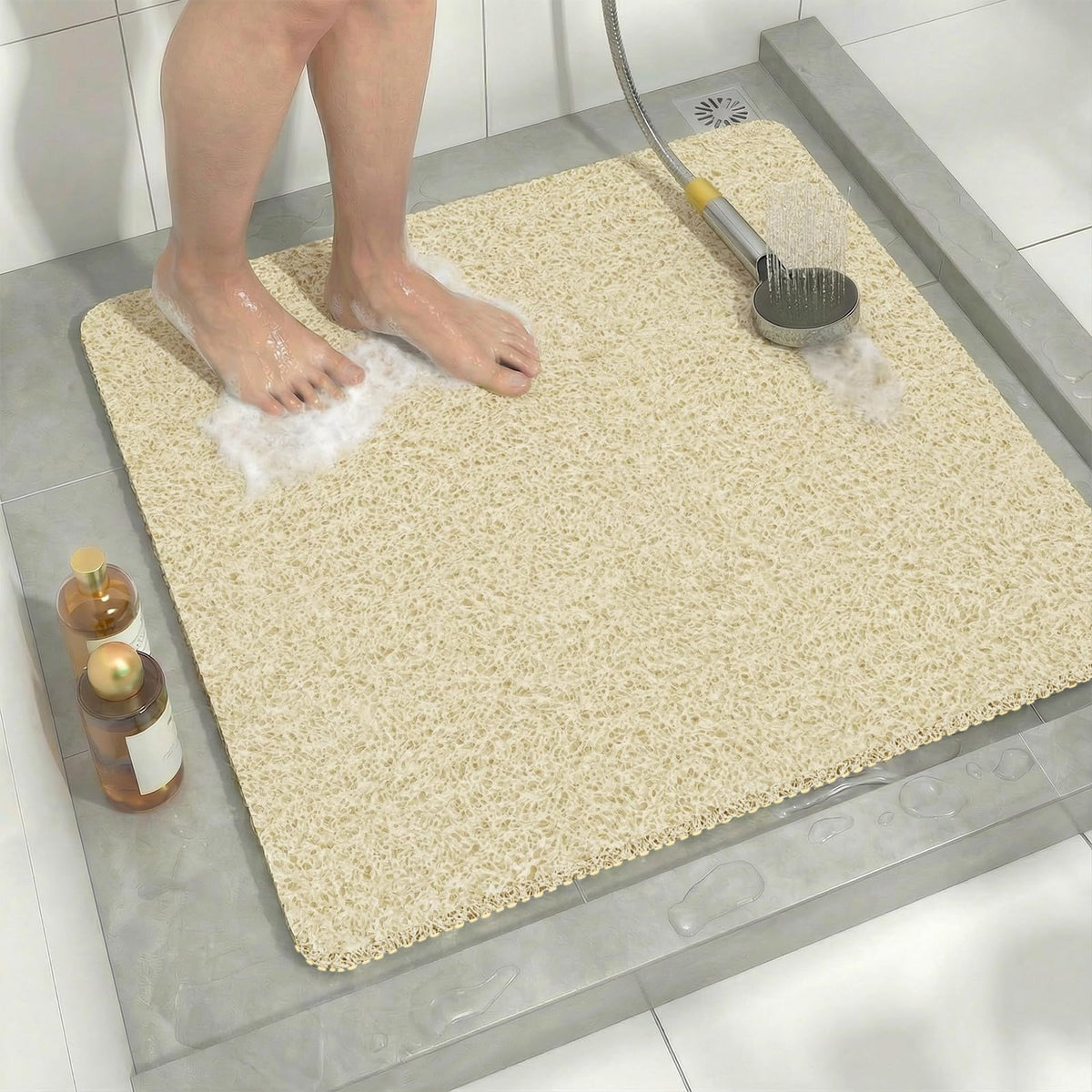 BLESWIN Loofah Mats for Shower 24"x16", PVC Bath Mat for Inside Shower, Bath Mat for Tub Non Slip, Checkered Shower Quick Dry Mats with Drain Hole, Colorful Checkered
