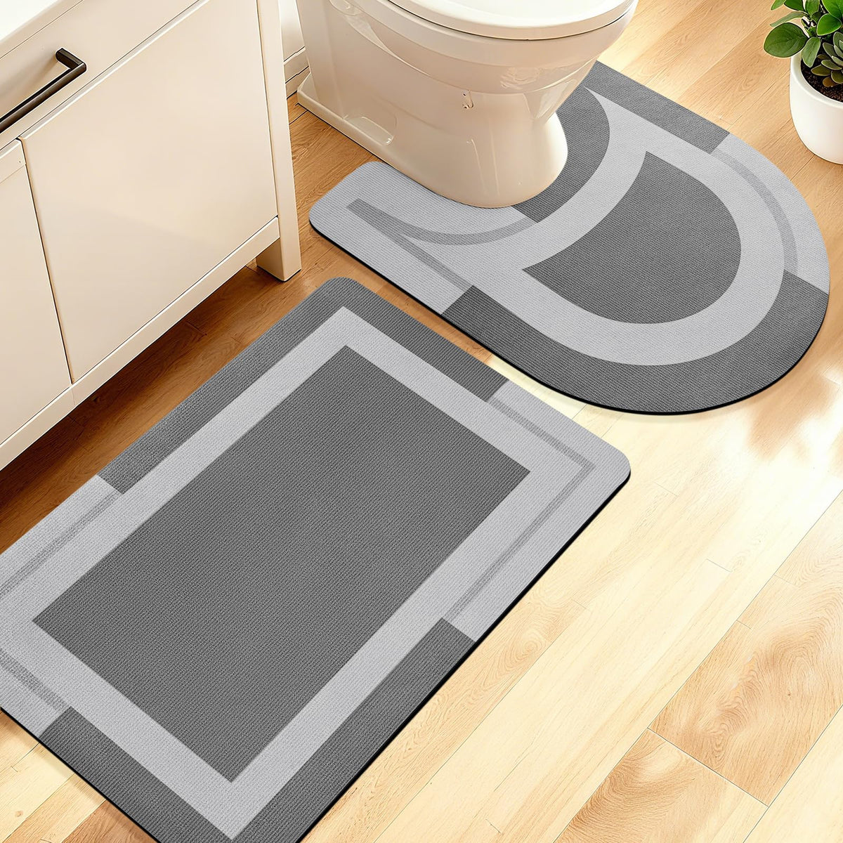 ACCUMTEK Non Slip Bath Mat, Thin Bathroom Rugs Fit Under Door, Quick Dry Bath Mats, Machine Washable Bath Rugs for Bathroom, Bathtub & Kitchen, Grey/Bordered/24 x17