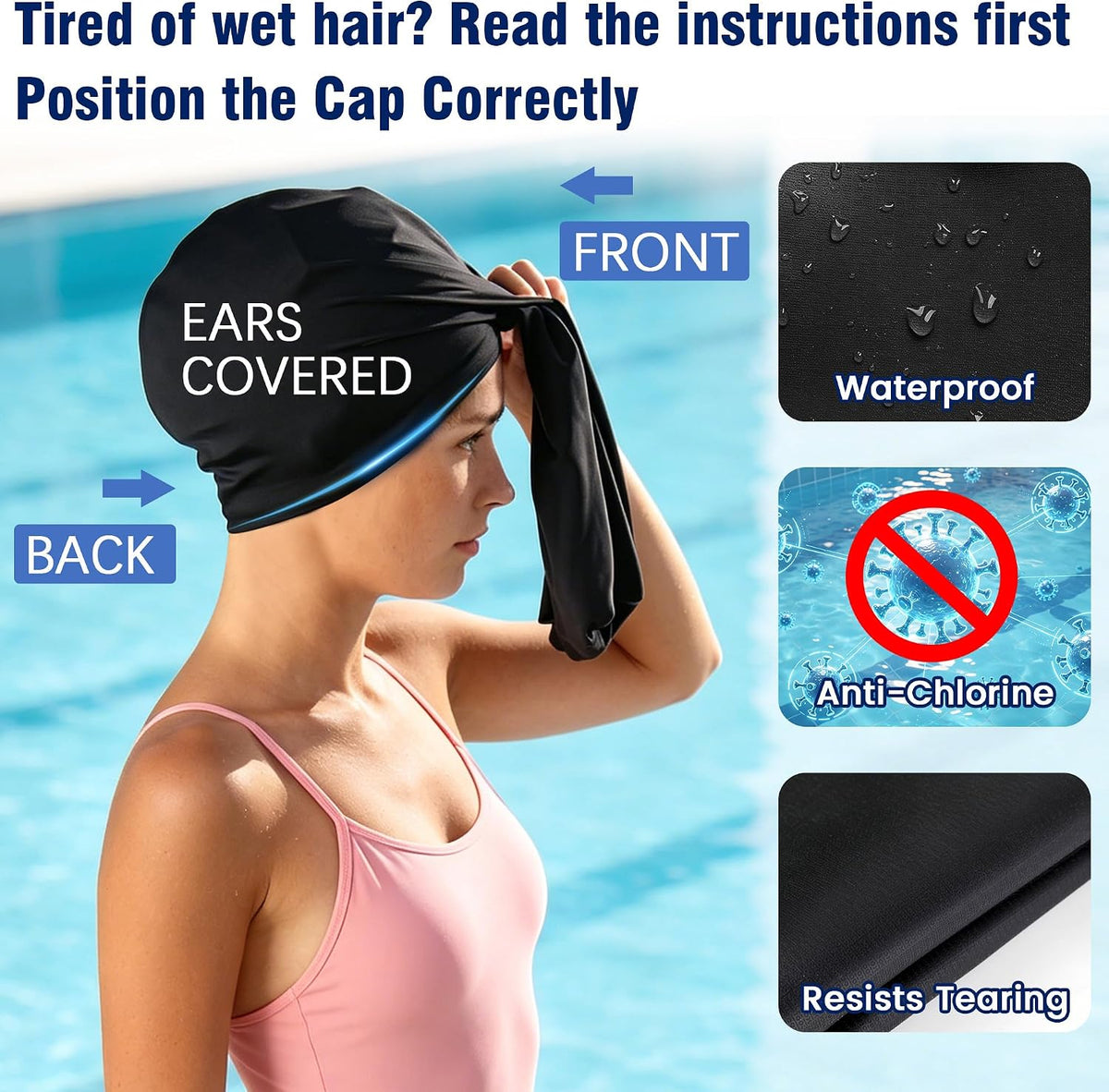 Babalet Satin Lined Swim Turban-Waterproof Silicone Swim Cap for Long Thick Curly Hair, Easy On/Off, Keep Hair Dry
