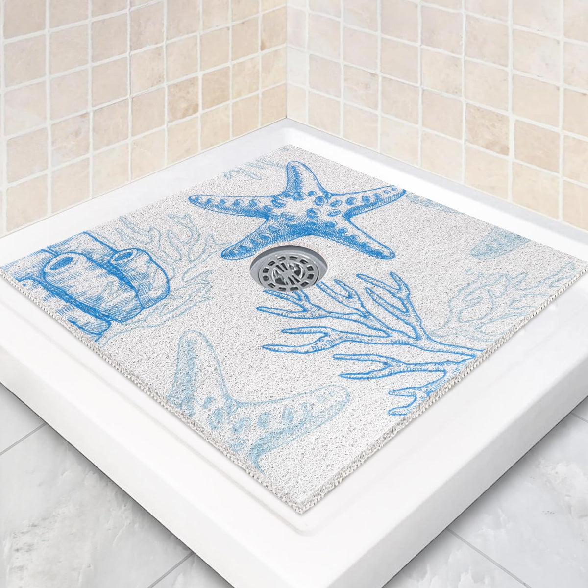 Square Shower Mat Non Slip: 24 x 24 Inch Shower Mats with Drain Hole in Middle - PVC Loofah Anti Slip Shower Floor Matt for Inside Shower