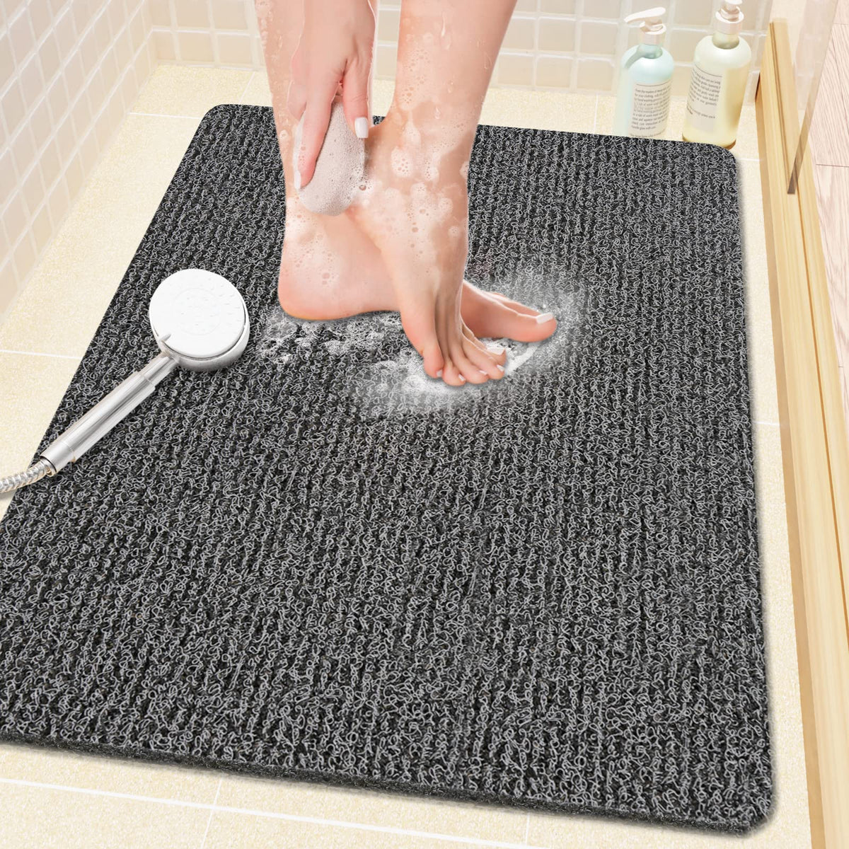 Shower Mat Bathtub Mat Non-Slip,24x16 inch, Soft Tub Mat with Drain,PVC Loofah Bath Mat (Phthalate Free) for Tub and Bathroom,Quick Drying,Black