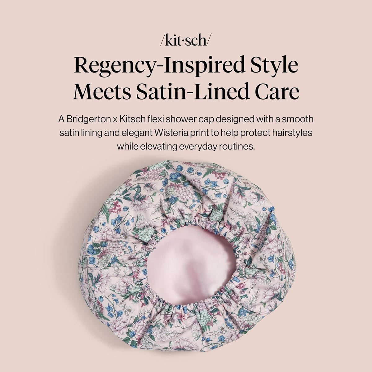 Bridgerton x Kitsch Luxury Satin-Lined Flexi Shower Cap for Women, Wisteria
