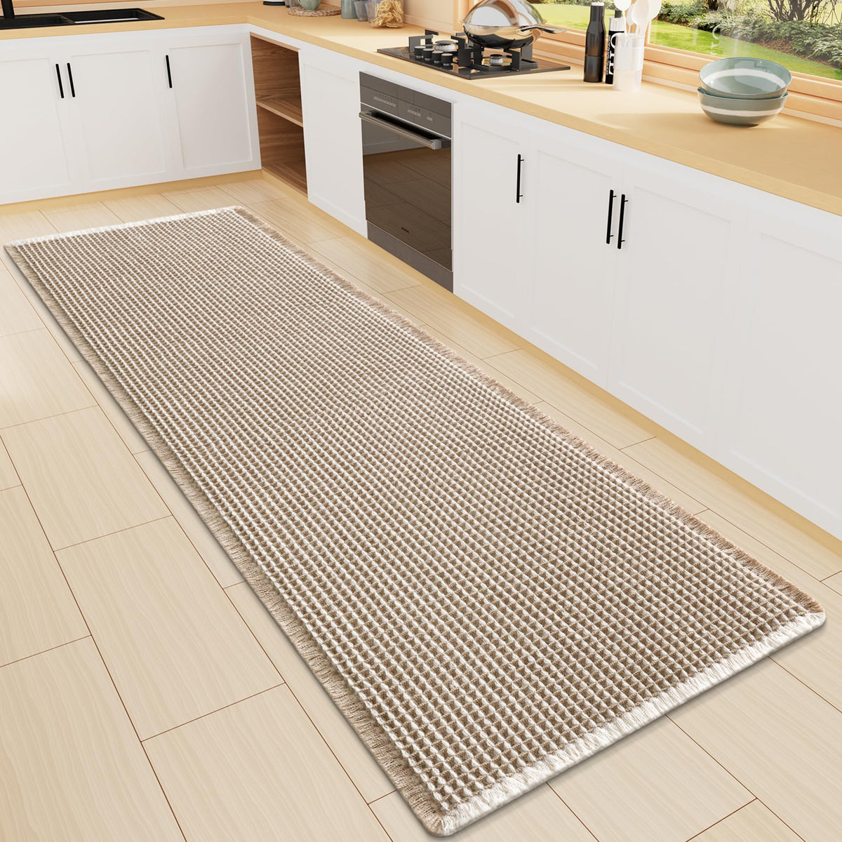 Smiry Waffle Bath Mat 24X16, Soft Absorbent Bathroom Rugs, Brown & Cream