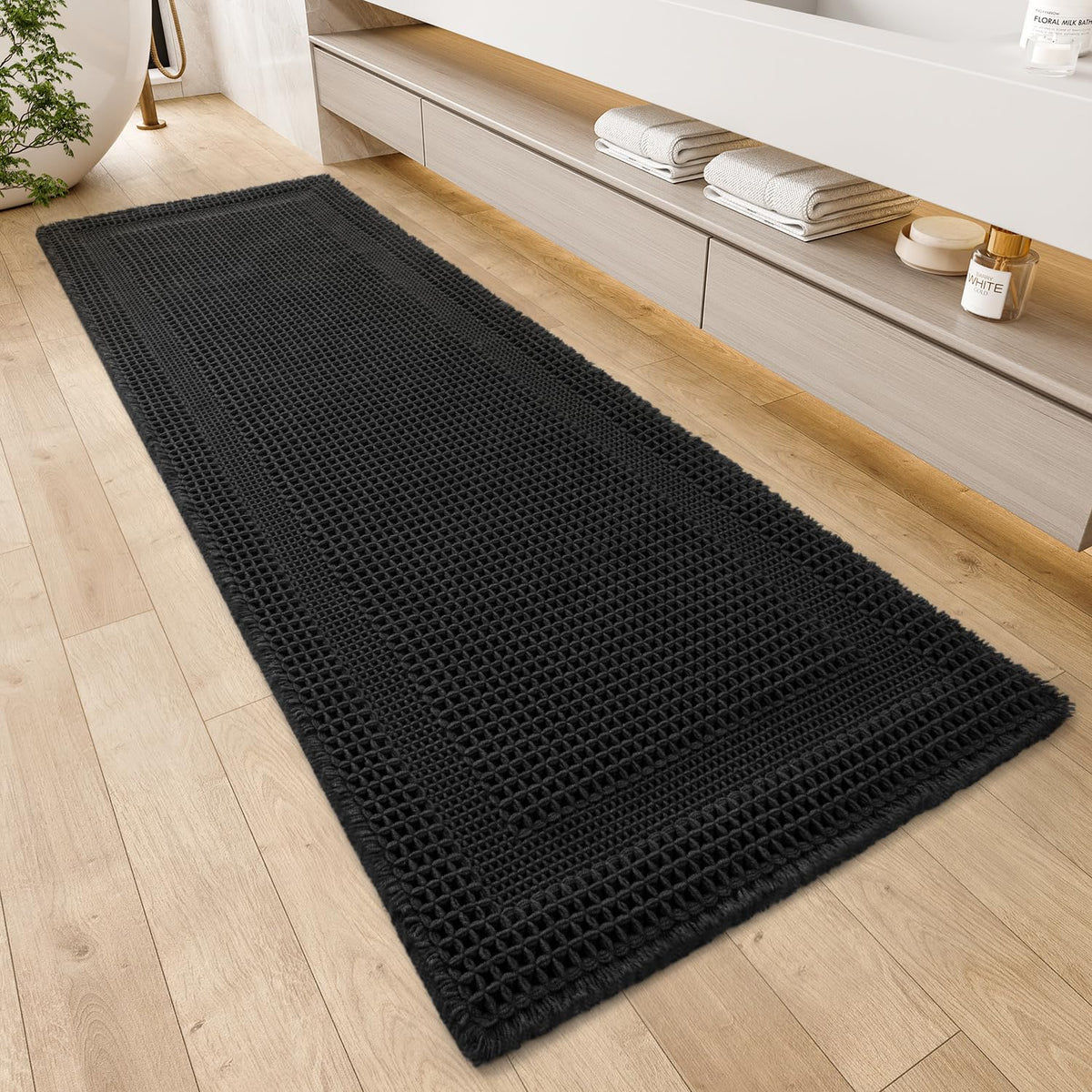 AMOAMI Waffle Bath Mat, Absorbent Bathroom Rugs Non Slip 17''x24'' Beige