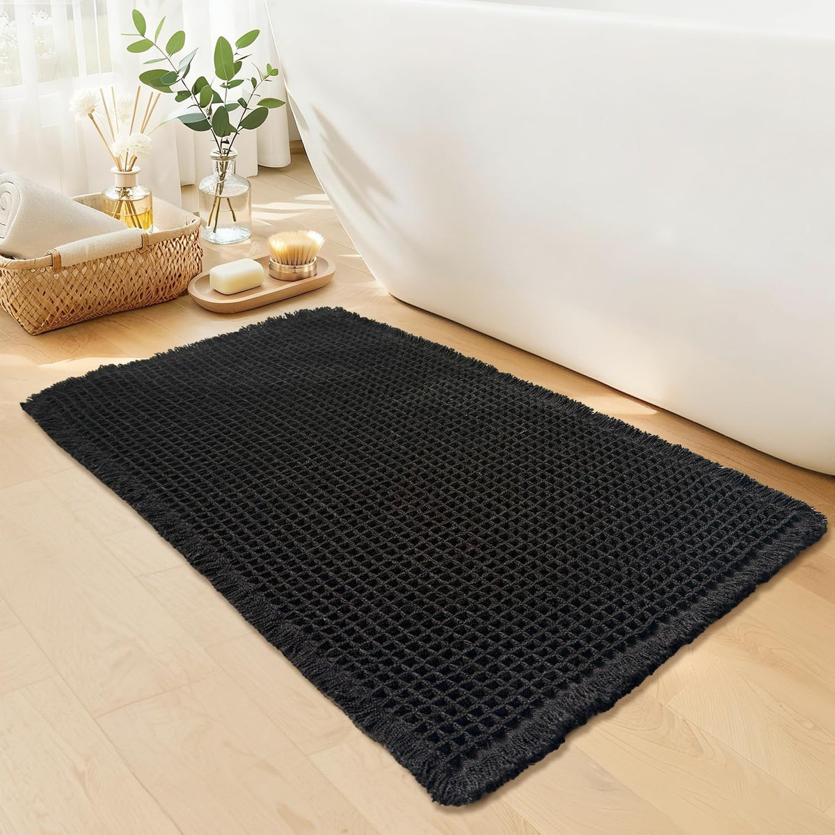 Waffle Bath Mat, Boho Bathroom Rugs Non Slip Washable, 18" x 30"