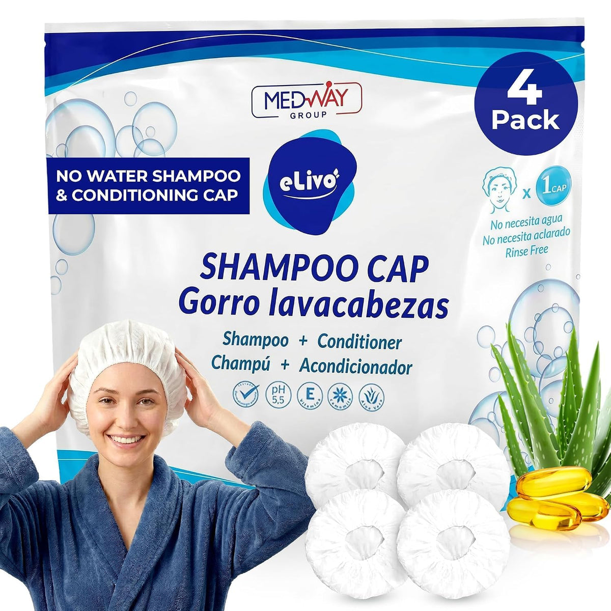 MedVance Rinse Free Shampoo & Conditioning Shower Cap Dry Hair Wash, 3 Pack