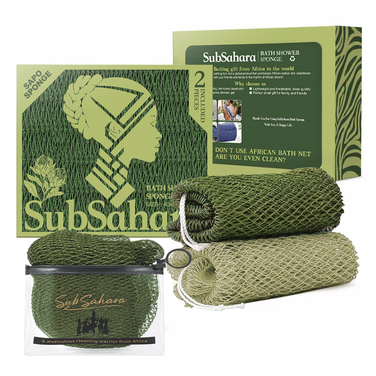 SubSahara African Net Sponge, 2 Pack 45-Inch Exfoliating Bath Scrubber