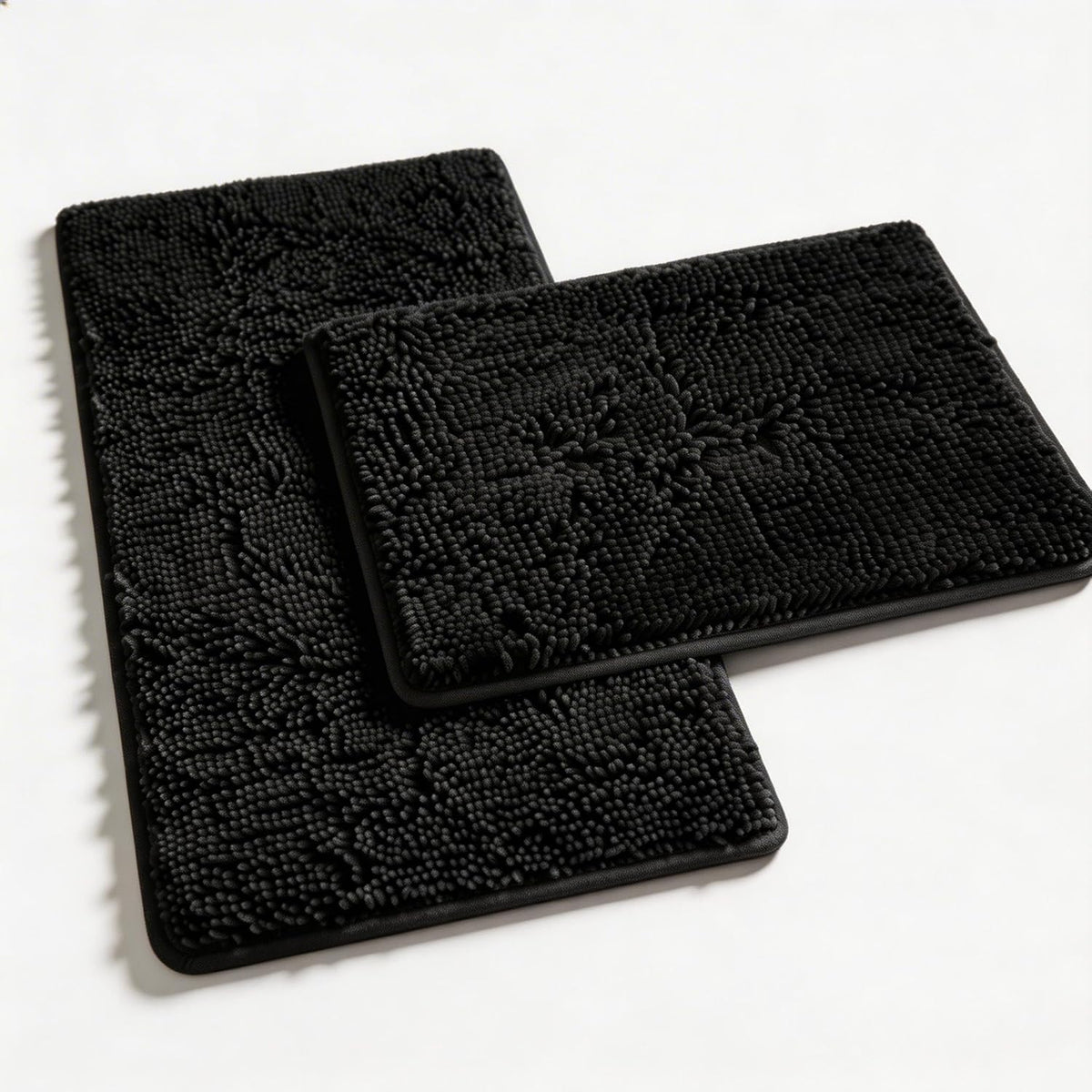 RUN HELIX Bathroom Rugs Set 2 Piece Thick Chenille Bath Mats, Soft Quick Dry Plush Absorbent Bath Rugs with Non-Slip PVC Backing, 32x20+24x16 Inch Black