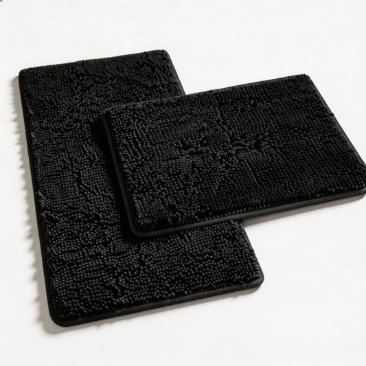 RUN HELIX Bathroom Rugs Set 2 Piece Thick Chenille Bath Mats, Soft Quick Dry Plush Absorbent Bath Rugs with Non-Slip PVC Backing, 32x20+24x16 Inch Black