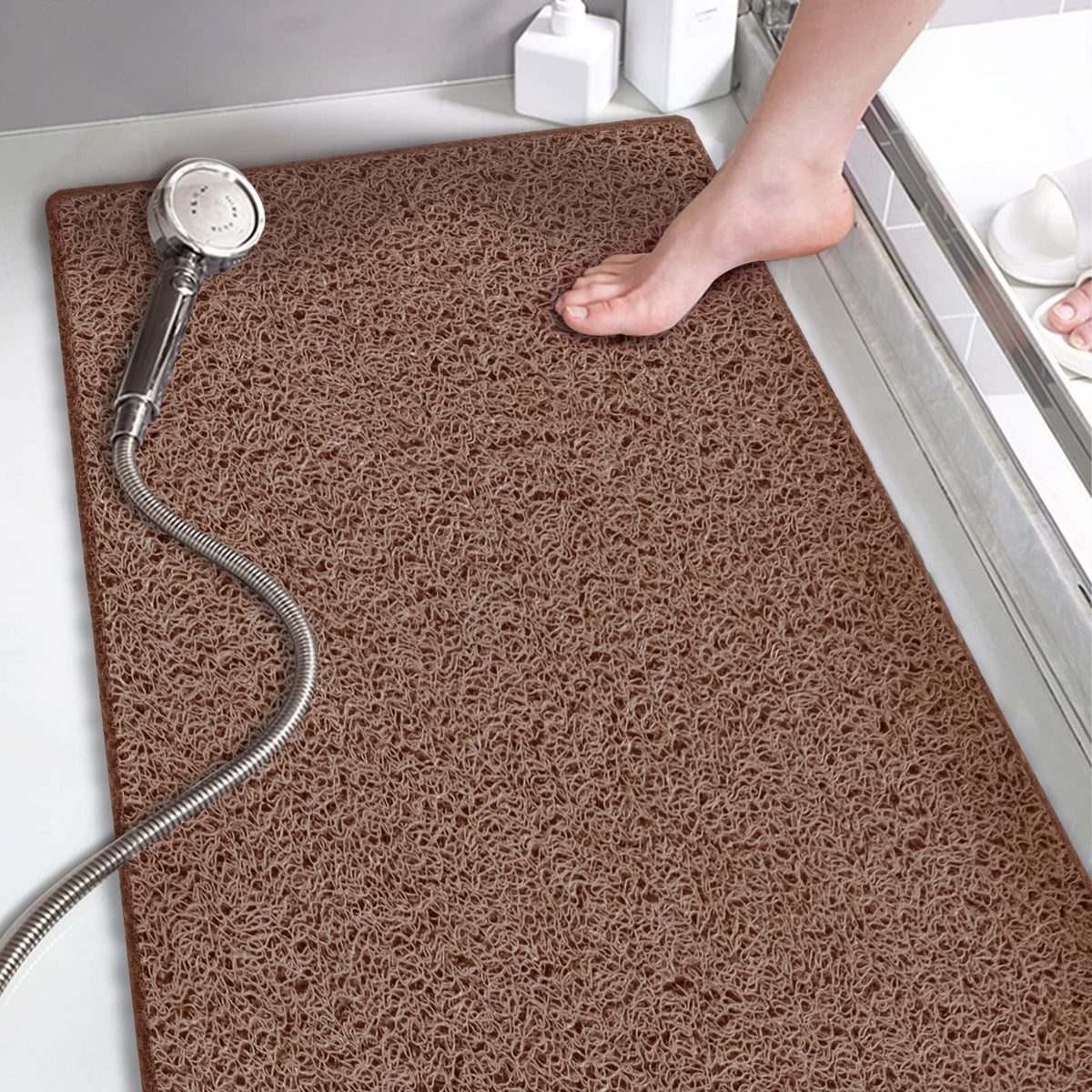 godehone Shower Mats Non Slip Without Suction Cups, PVC Loofah Bathroom Mats, Loofah Mats for Shower and Bathroom, Quick Drying, 15.7× 36 Inch, Beige