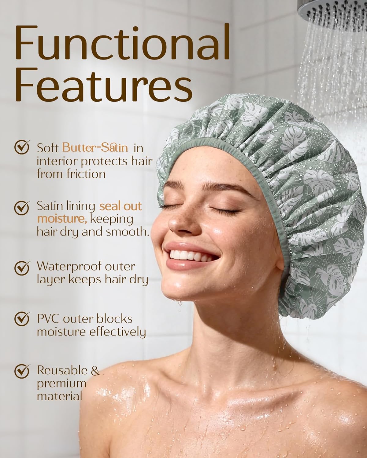 Yanibest Frizz Free Satin Lined Shower Cap with Soft Elastic Band