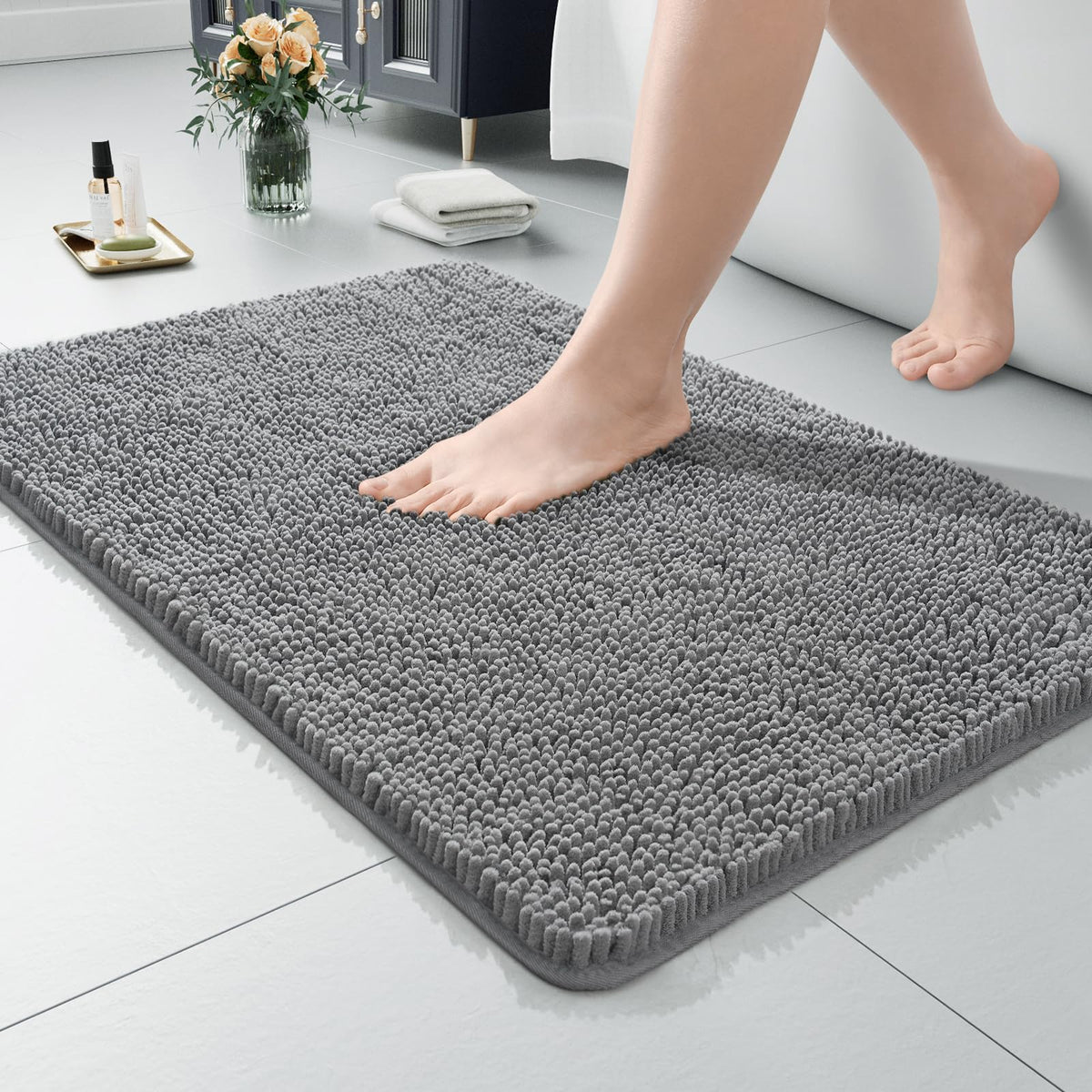 LOCHAS Luxury Bathroom Rug Shaggy Bath Mat 24 x 60 Inch, Gray