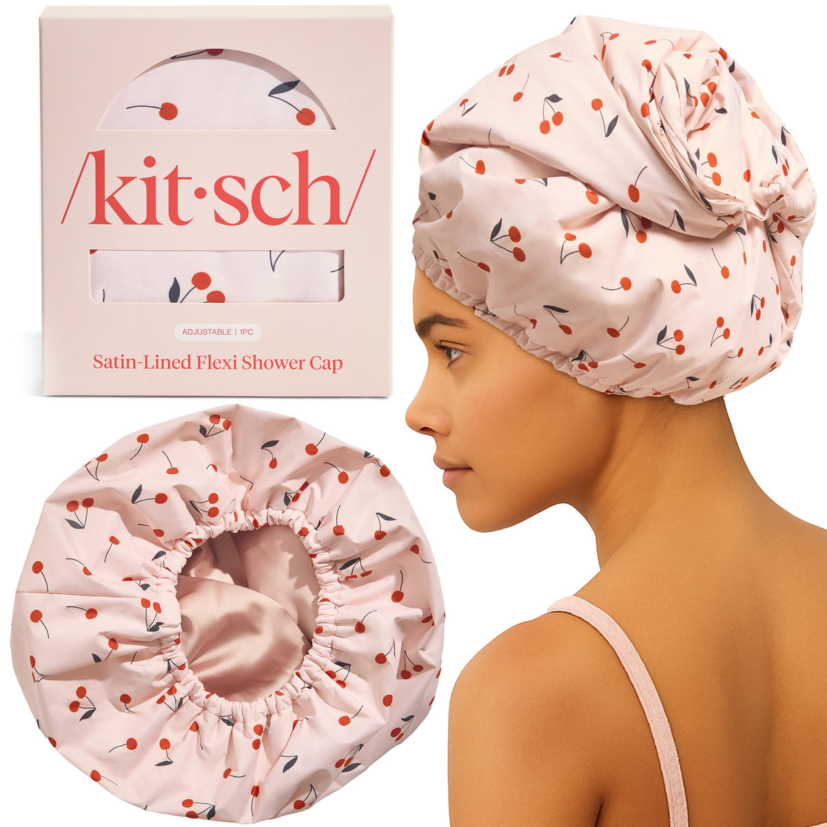 Kitsch Luxury Satin-Lined Flexi Shower Cap for Women - Gingham Blue