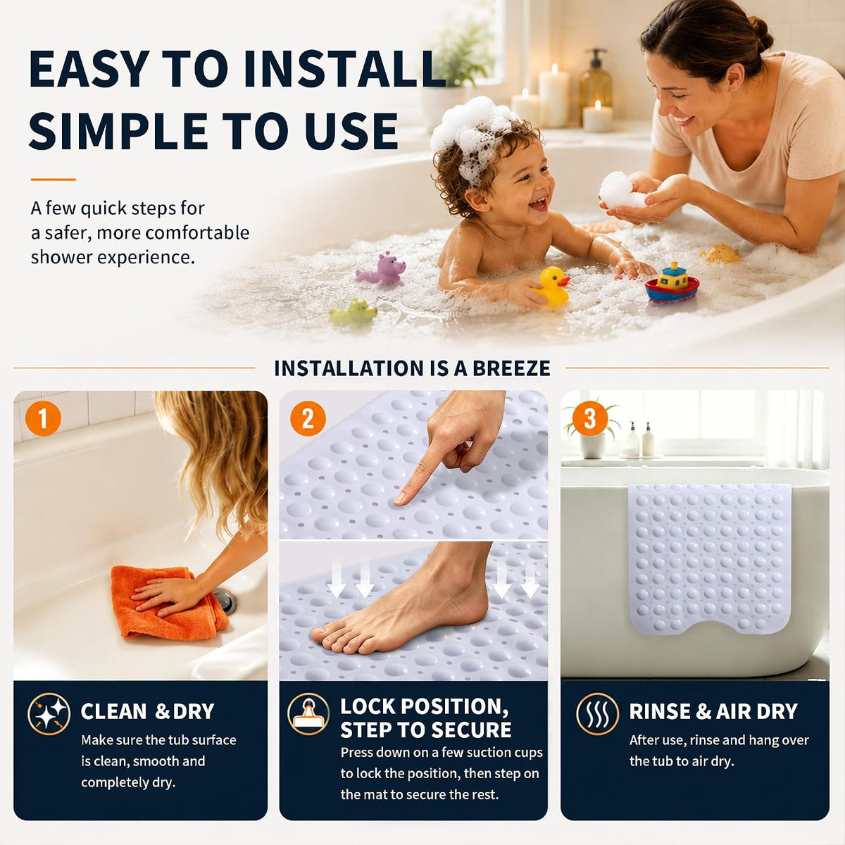 Yimobra White Non Slip Bath Mat for Tub 40x16, Extra Long Bath Tub Mat