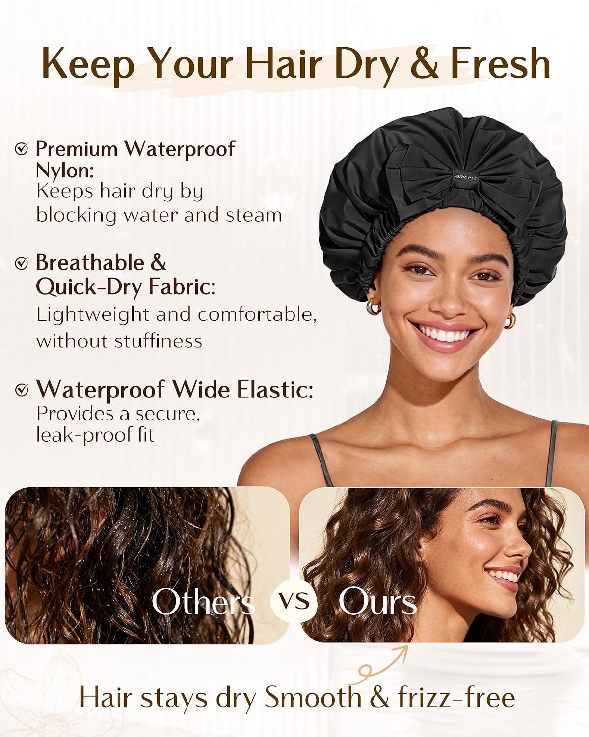 Yanibest Shower Cap Reusable Waterproof, Wide Elastic Band Bath Cap