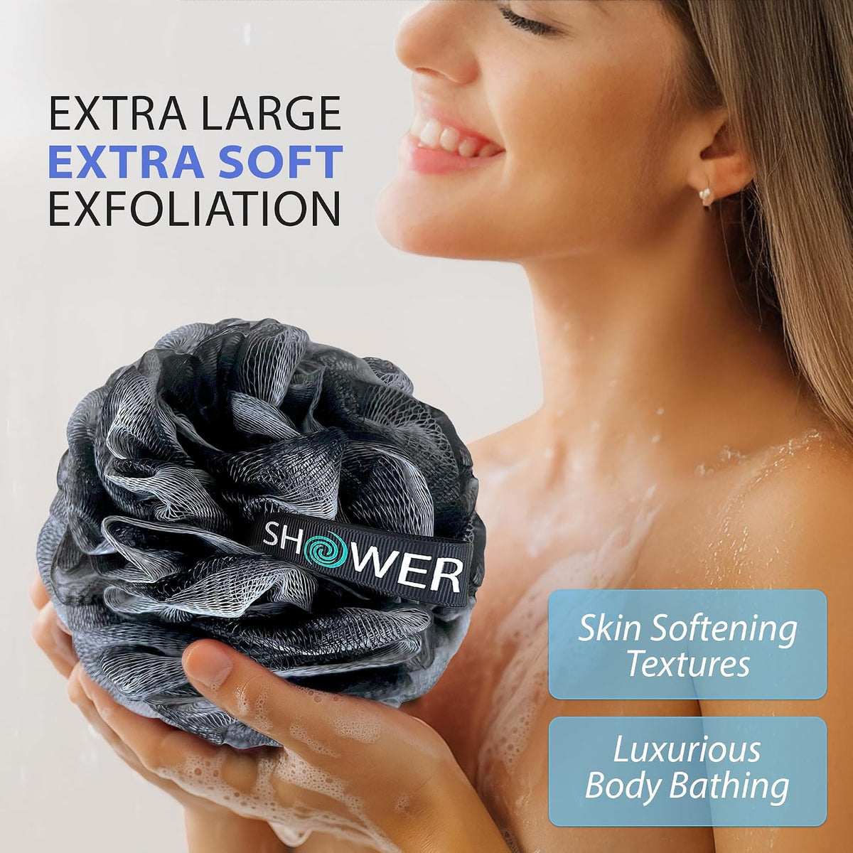 SHOWER BOUQUET Loofah-Charcoal Bath-Sponge-4-Pack Extra-Large 75g Soft Mesh