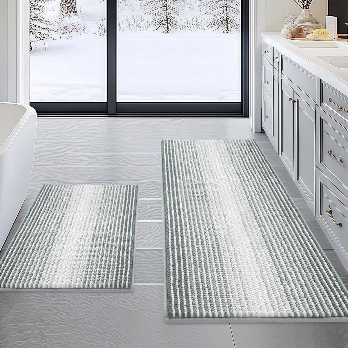 BSICPRO Bathroom Rugs Sets 2 Piece, Non Slip Striped Bath Mats, Fog Blue