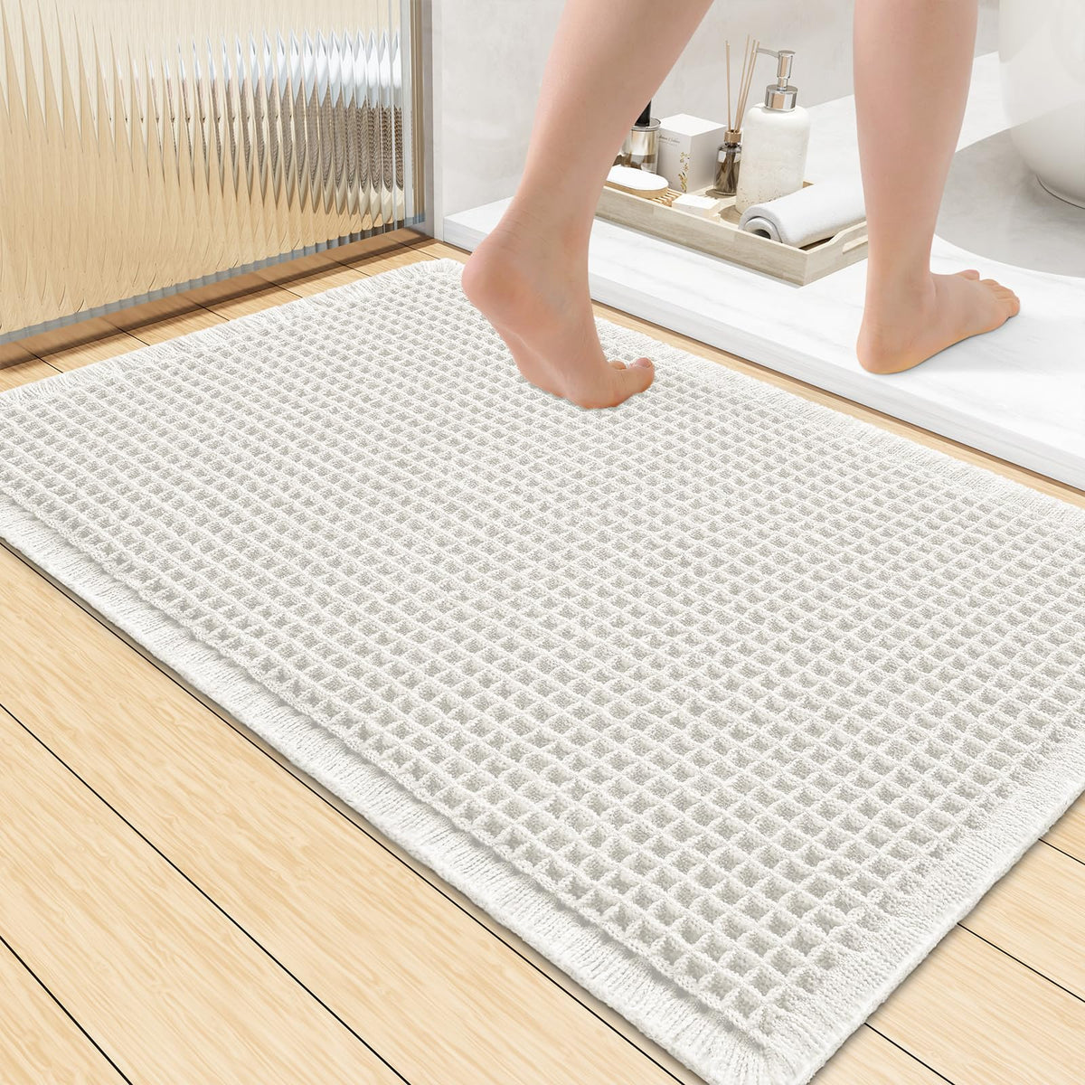 Smiry Waffle Bath Mat 24X16, Soft Absorbent Bathroom Rugs, Brown & Cream