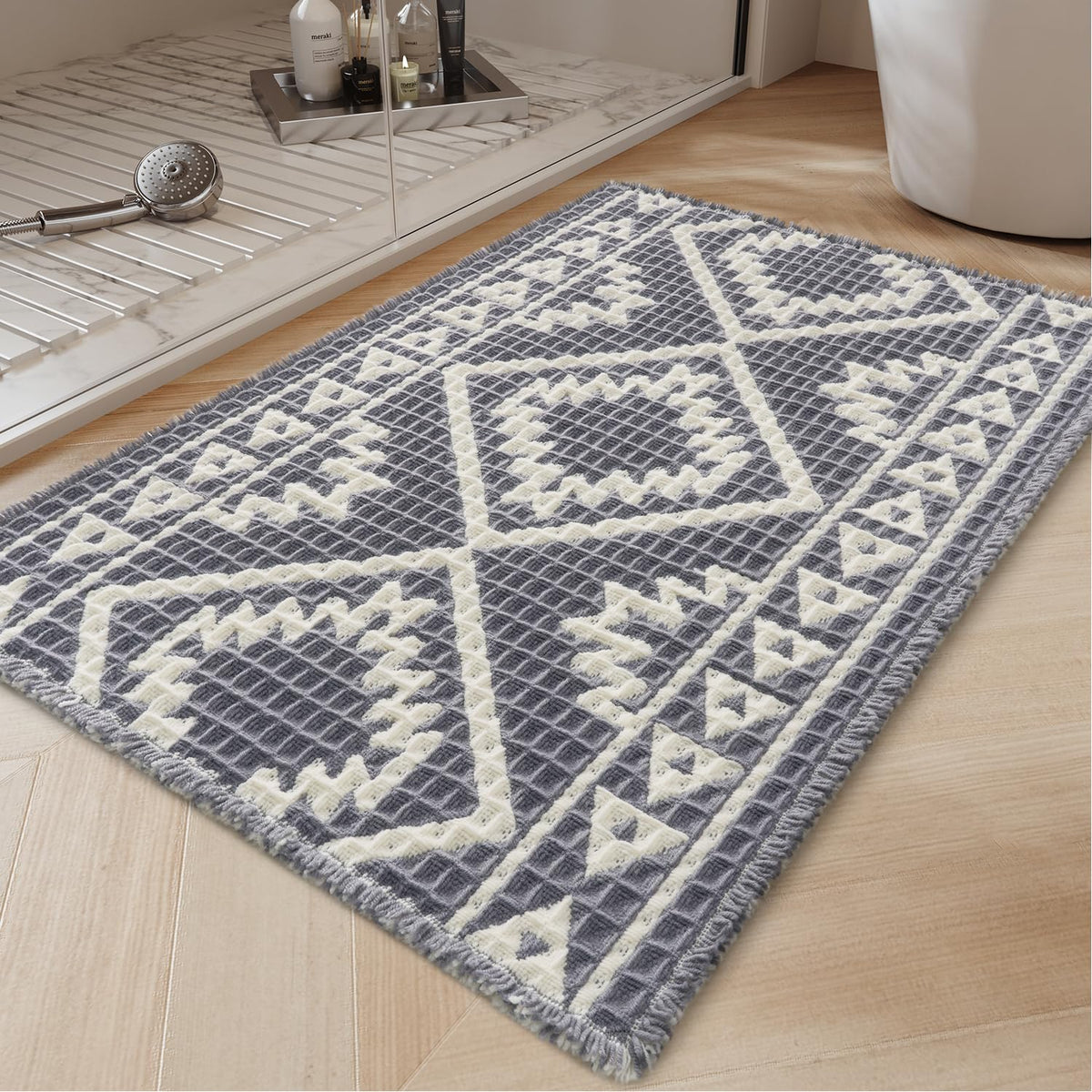 PADOOR-Waffle Bath Mat-Super Absorbent Bath Mats for Bathroom, Machine Washable Non Slip Bathroom Rug with Tassels, Soft Bathroom Mat for Laundry Room, Bedroom, Brown & Cream, 17"x28"