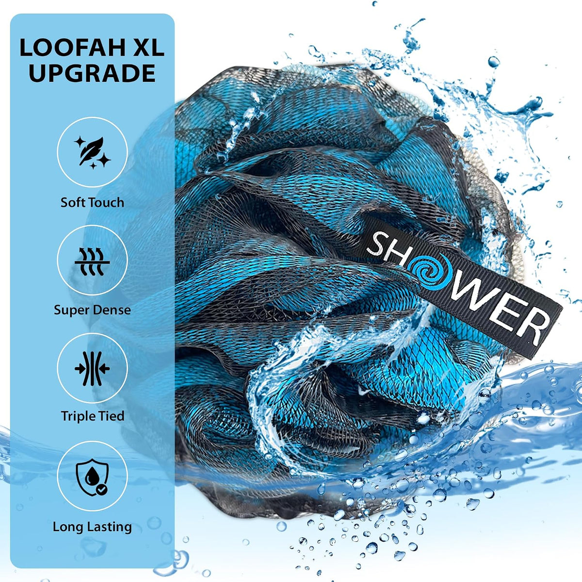 SHOWER BOUQUET Loofah-Charcoal Bath-Sponge XL-4-Pack-Blue-Green Extra Large