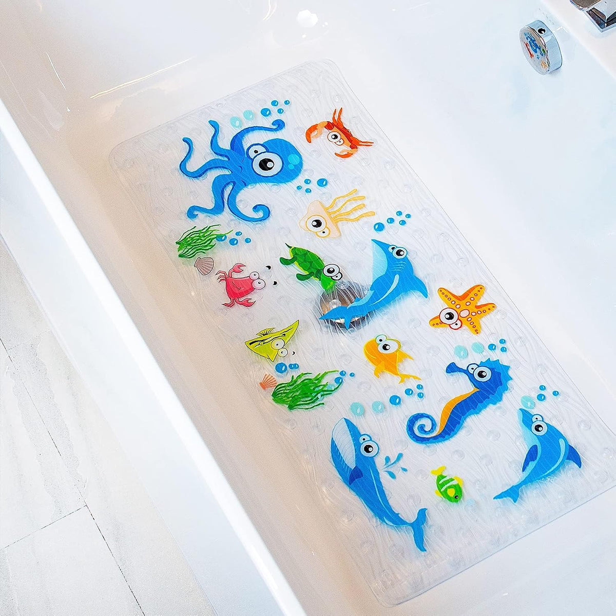BEEHOMEE Kids Bath Mat for Tub, Non-Slip Toddler Bathtub Mat(Blue-Octopus)