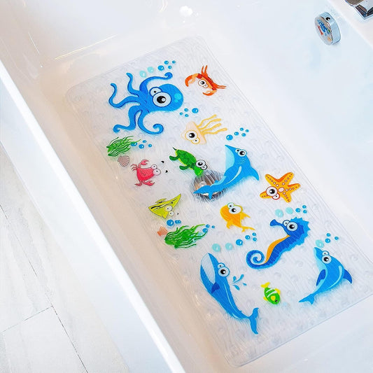 BEEHOMEE Kids Bath Mat for Tub, Non-Slip Toddler Bathtub Mat(Blue-Octopus)