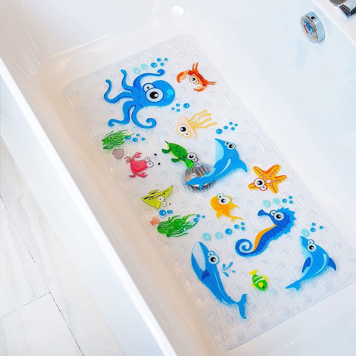 BEEHOMEE Kids Bath Mat for Tub, Non-Slip Toddler Bathtub Mat(Blue-Octopus)