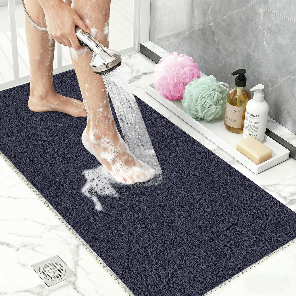 BLESWIN Loofah Mats for Shower 24"x16", PVC Bath Mat for Inside Shower, Bath Mat for Tub Non Slip, Checkered Shower Quick Dry Mats with Drain Hole, Colorful Checkered