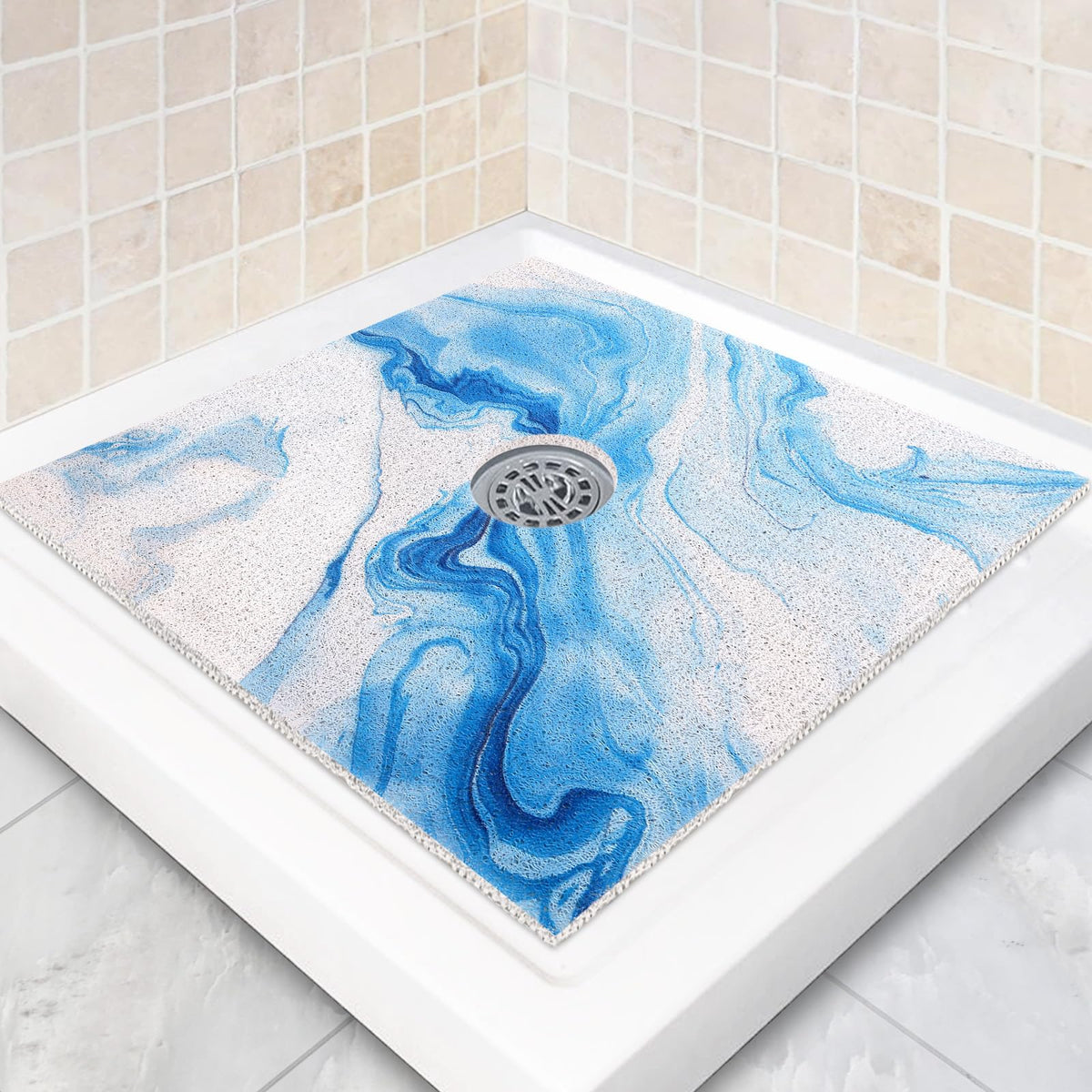 Square Shower Mat Non Slip: 24 x 24 Inch Shower Mats with Drain Hole in Middle - PVC Loofah Anti Slip Shower Floor Matt for Inside Shower