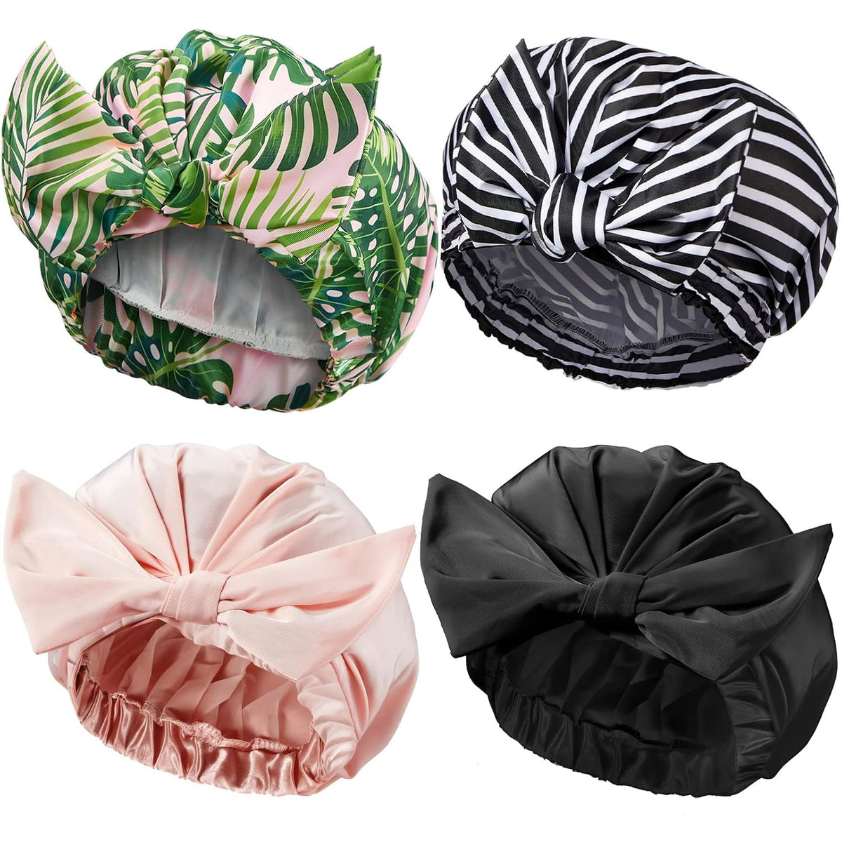 4 Pcs Reusable Shower Caps for Women, Waterproof Satin Hair Caps
