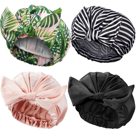 4 Pcs Reusable Shower Caps for Women, Waterproof Satin Hair Caps