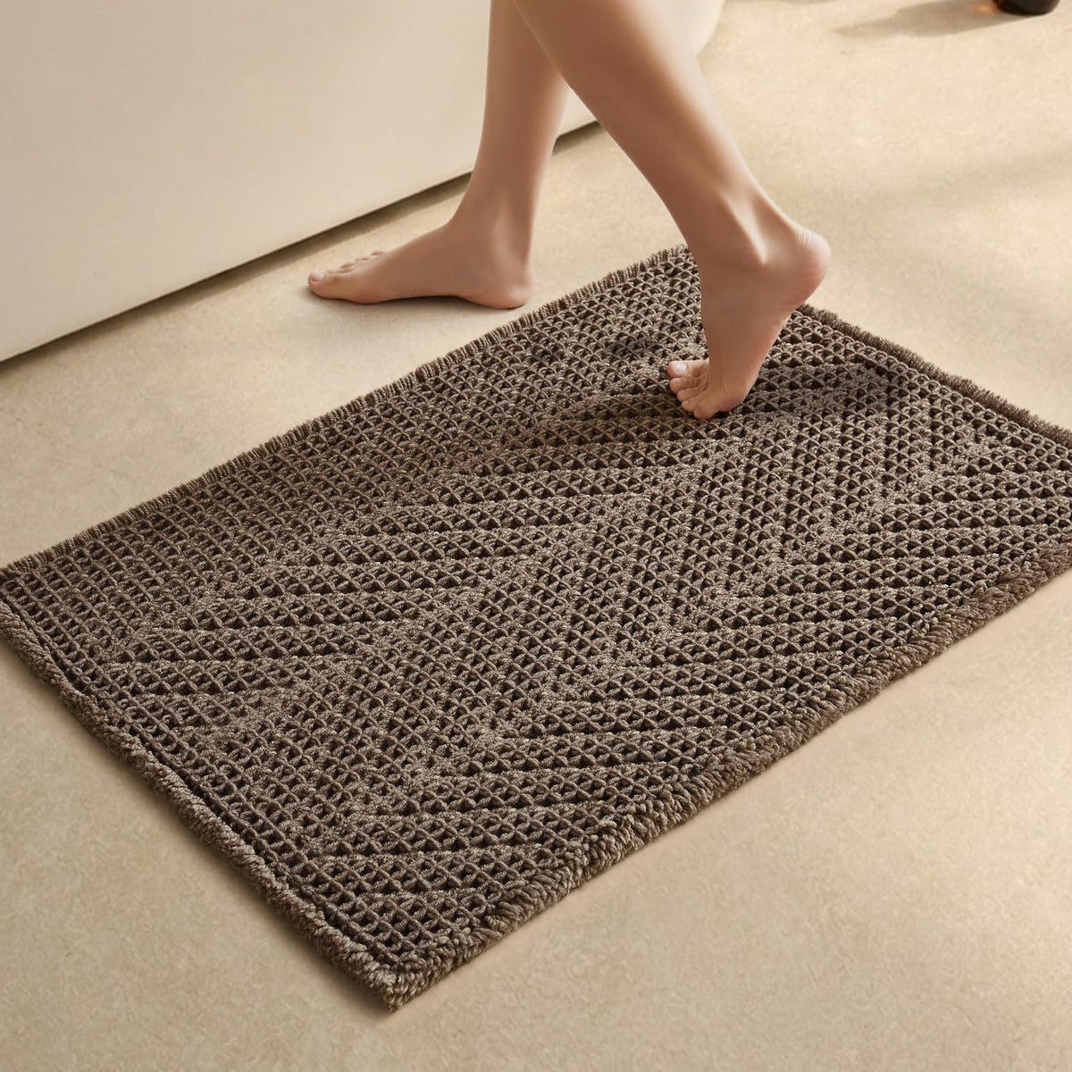 Sunfly Boho Bathroom Rug, Herringbone Waffle Bath Mat Non-Slip Washable Super Absorbent Quick Dry, Farmhouse Bath Mat for Bathroom Floor Decor 20"*30" Khaki