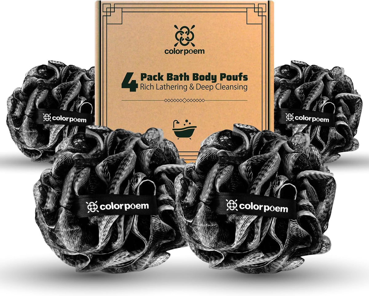 Charcoal 100g Loofah Sponge, Loofah with Hanging Loop 4 pcs, XXXL Mesh Black Bath Sponge Puff Set, Exfoliating & Soothing Shower Loofah for Men – Back & Body Bath Sponge