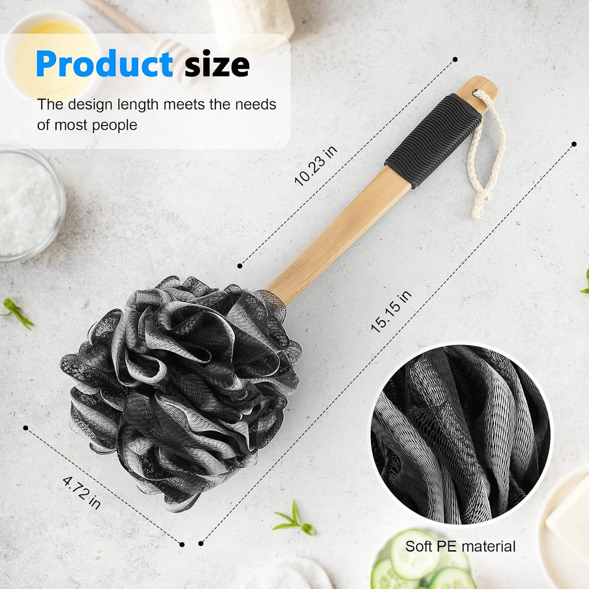 FORENEE Black Loofah on a Stick, PE Mesh Back Scrubber with Wood Handle