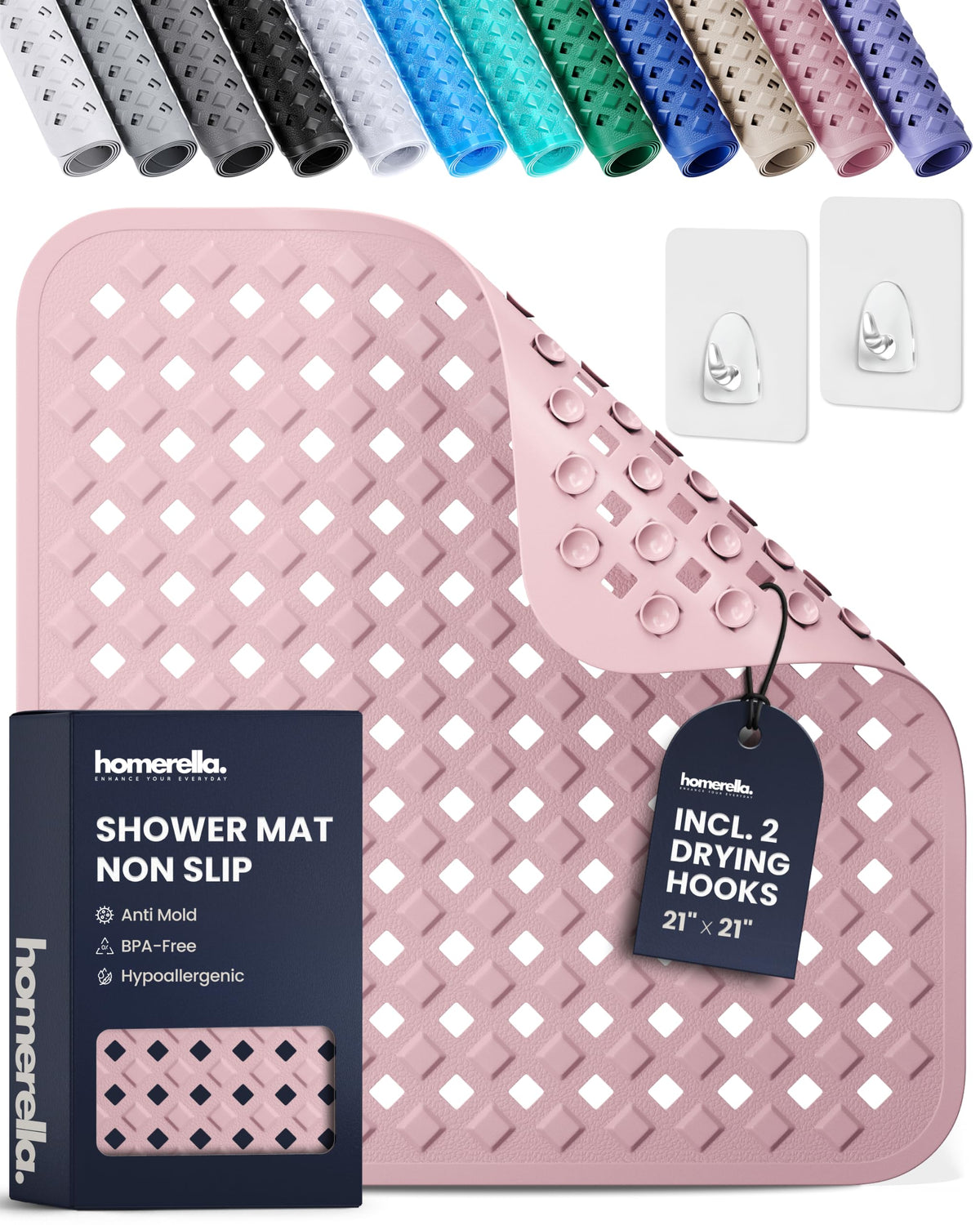 homerella Square Shower Mat Non Slip Anti Mold 21x21 Anti Slip Shower Mat