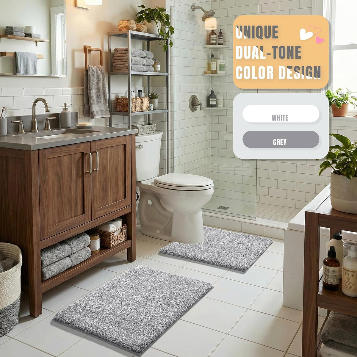 Yimobra Non Slip Machine Washable Bathroom Rug 24x17 Grey and White