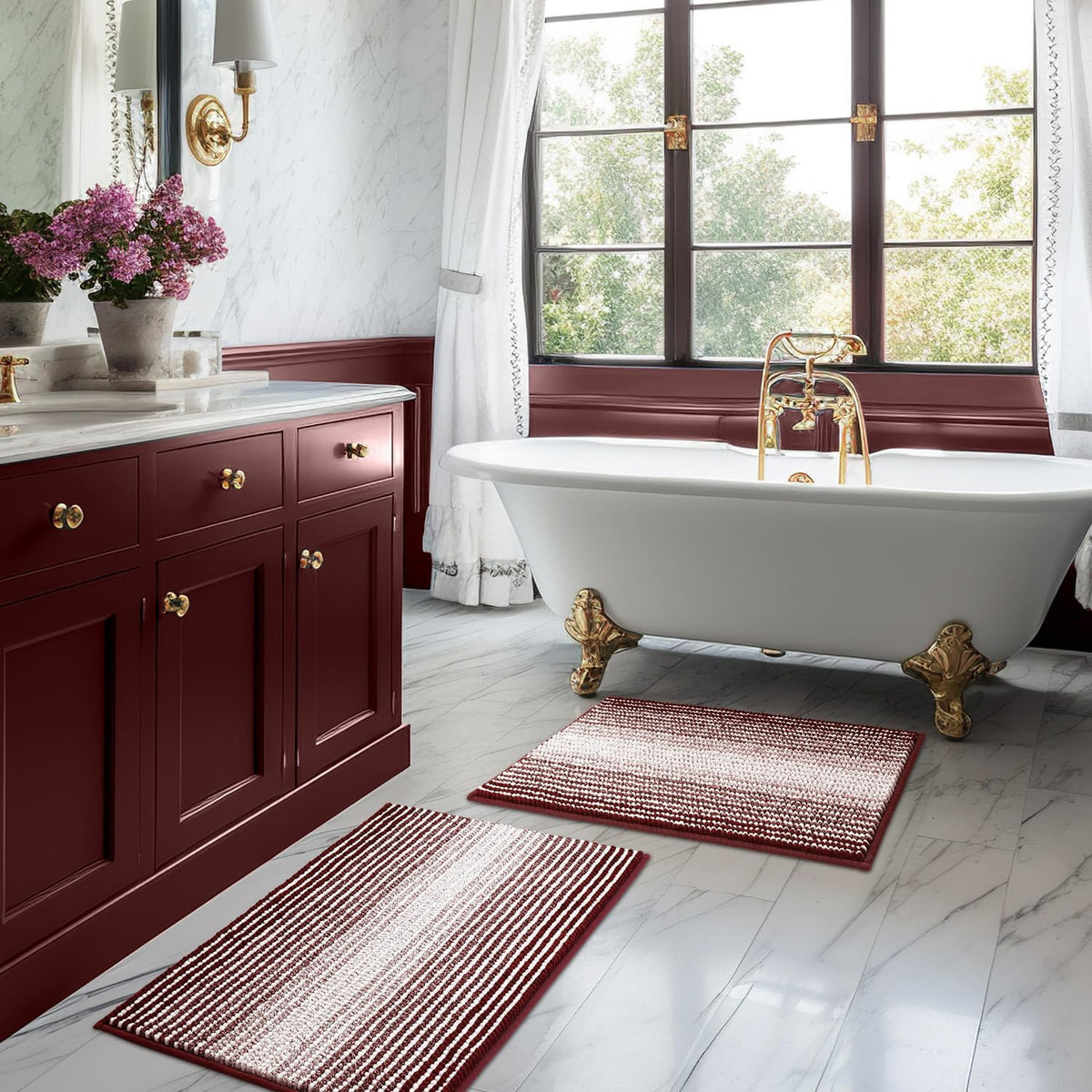 BSICPRO Bathroom Rugs Sets 2 Piece, Non Slip Striped Bath Mats, Fog Blue
