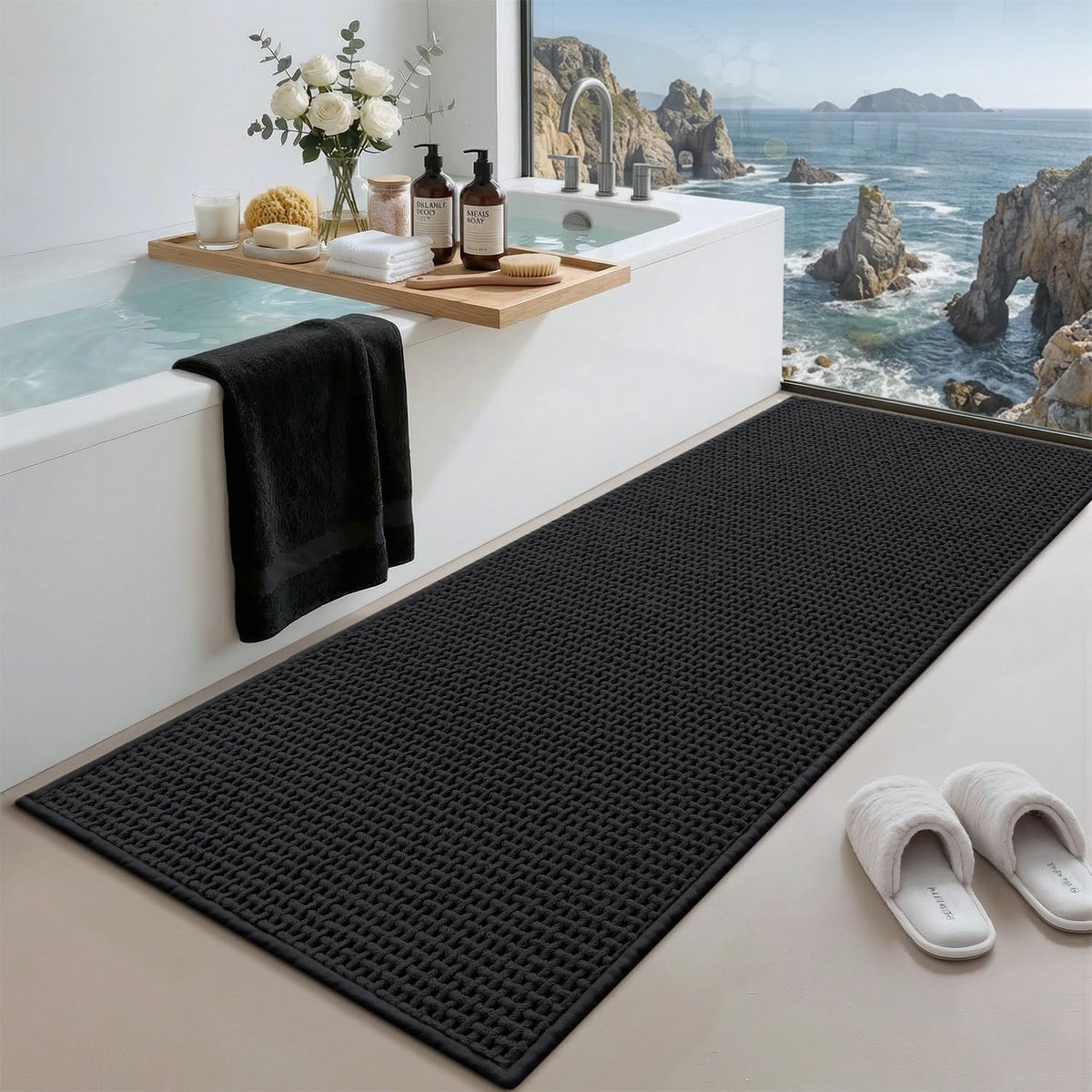 Color&Geometry Beige 30x17 Waffle Bath Mat, Rubber Non Slip Bathroom Rug